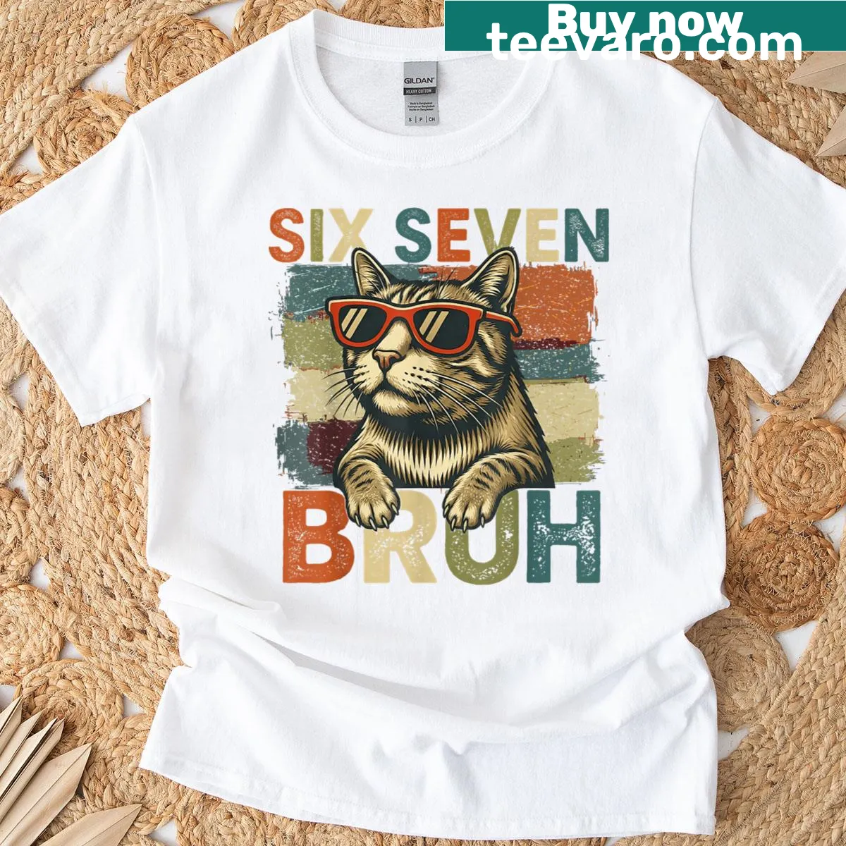 Funny cat meme t-shirt with Six Seven Bruh design — on a men's t-shirt