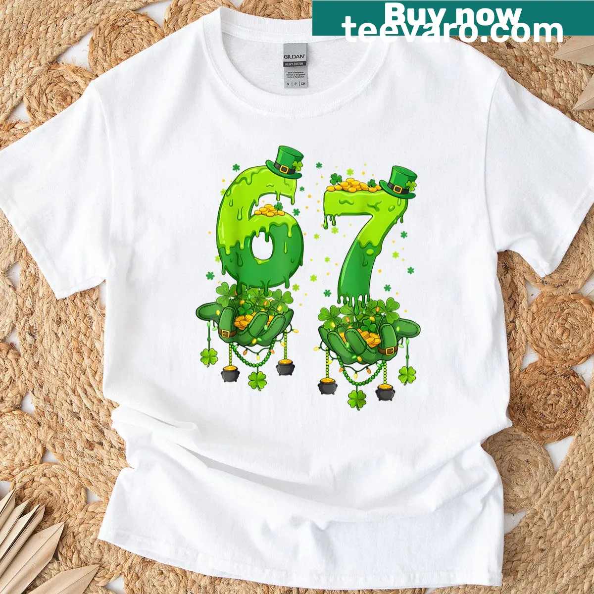 St. Patrick's Day T-shirt with shamrock and Six Seven meme text — on a men's t-shirt