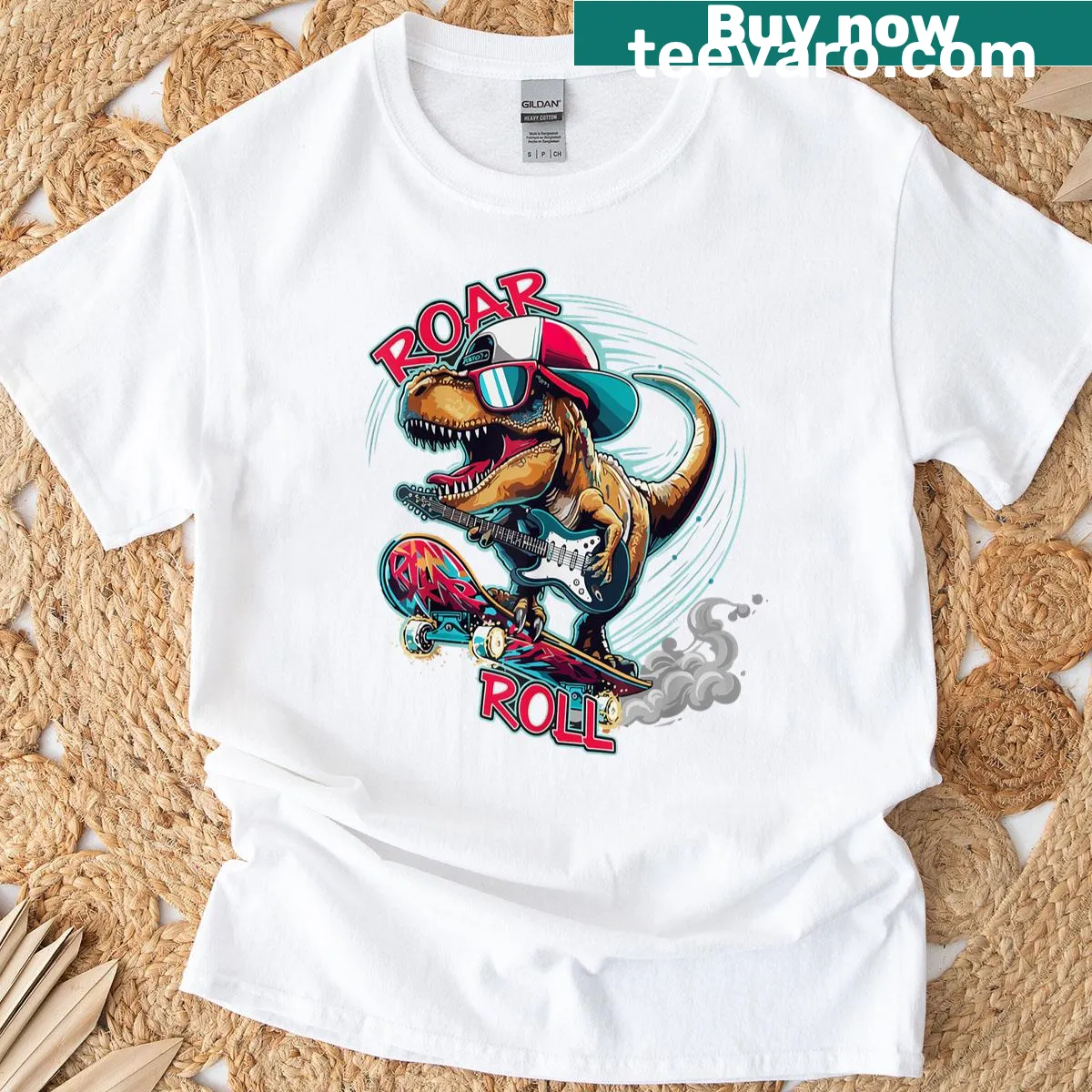 Cartoon T-rex playing guitar with a skateboard — on a men's t-shirt