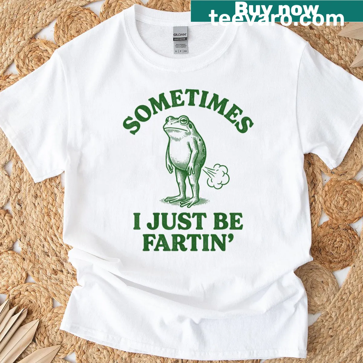 Funny frog graphic t-shirt with farting humor — on a men's t-shirt