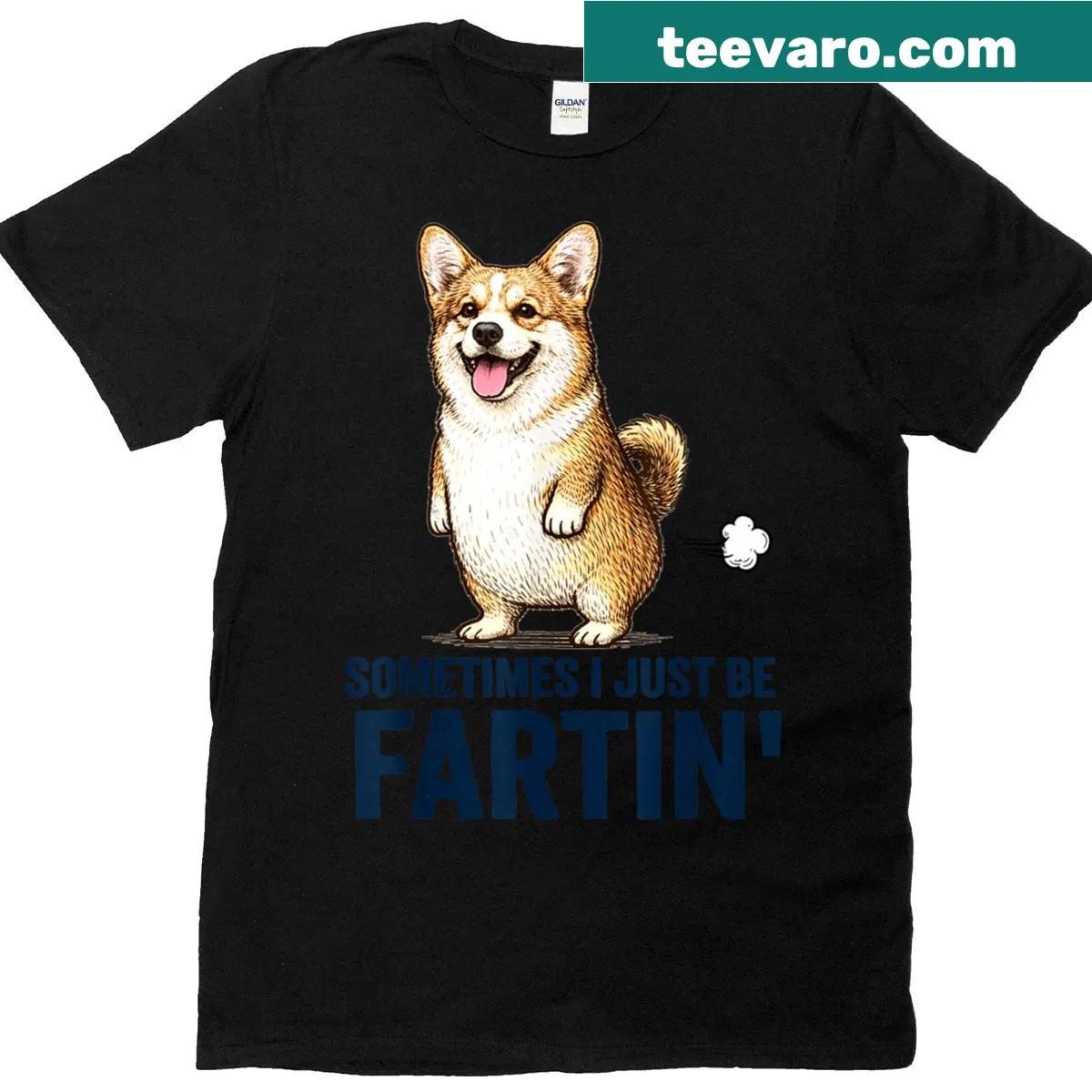 Cartoon corgi with fart humor graphic on a T-shirt — on a men's t-shirt