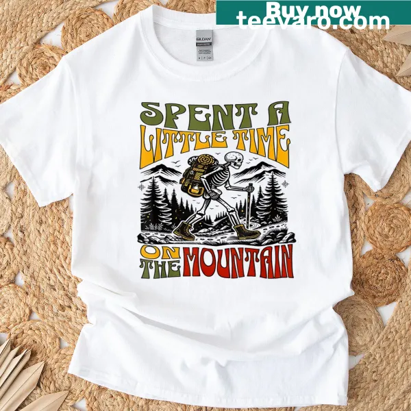 Skeleton hiking t-shirt with playful mountain illustration