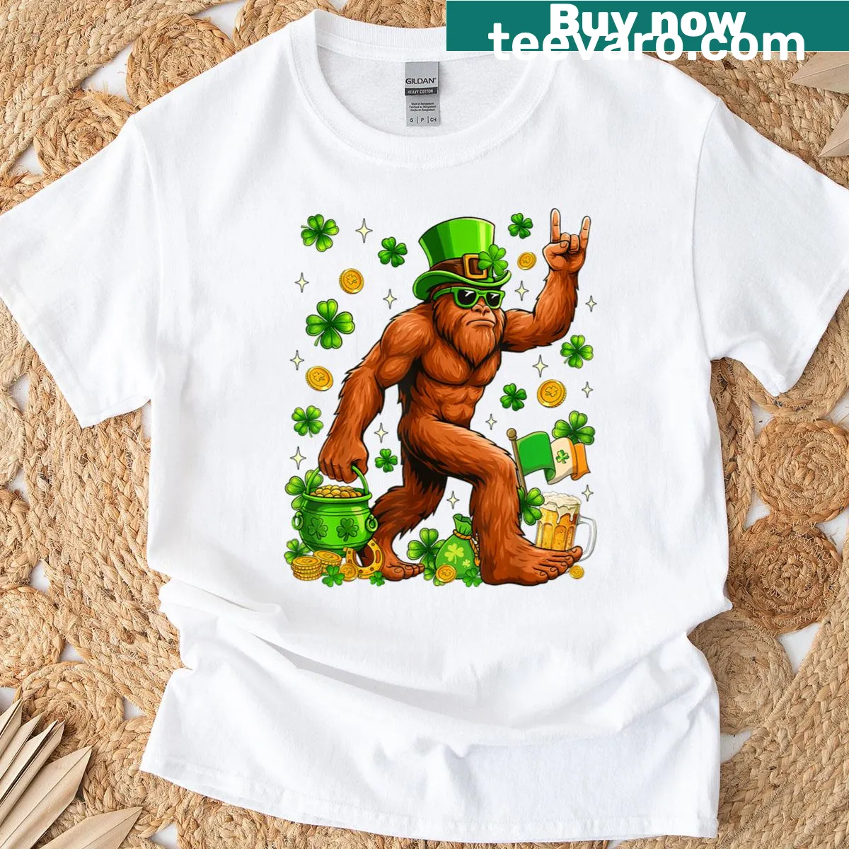Playful T-shirt featuring Bigfoot with a shamrock for St. Patrick's Day — on a men's t-shirt