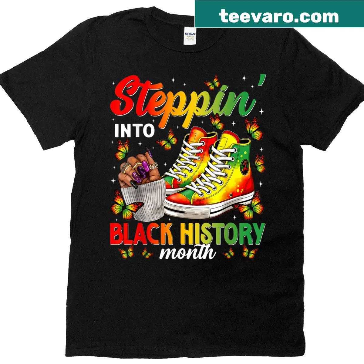 Butterfly illustration t-shirt celebrating Black History Month — on a men's t-shirt