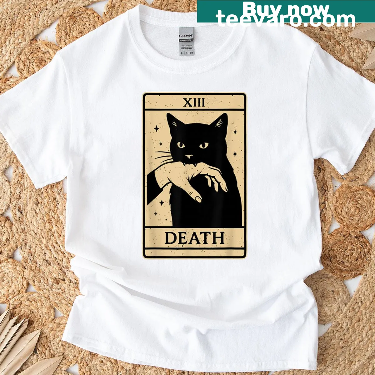Tarot card design featuring a black cat and the Death symbol — on a men's t-shirt