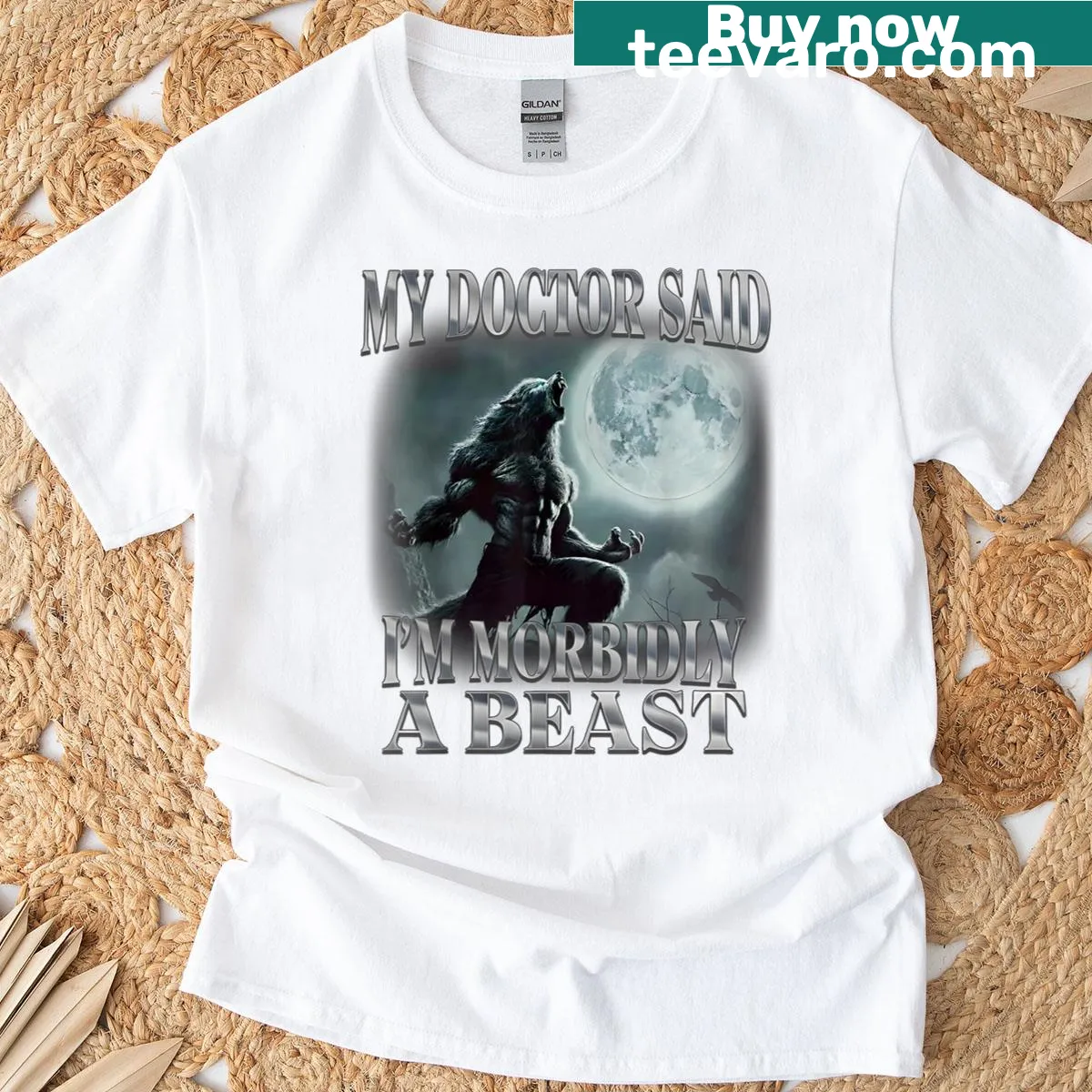 Alpha wolf graphic t-shirt with meme-inspired text — on a men's t-shirt