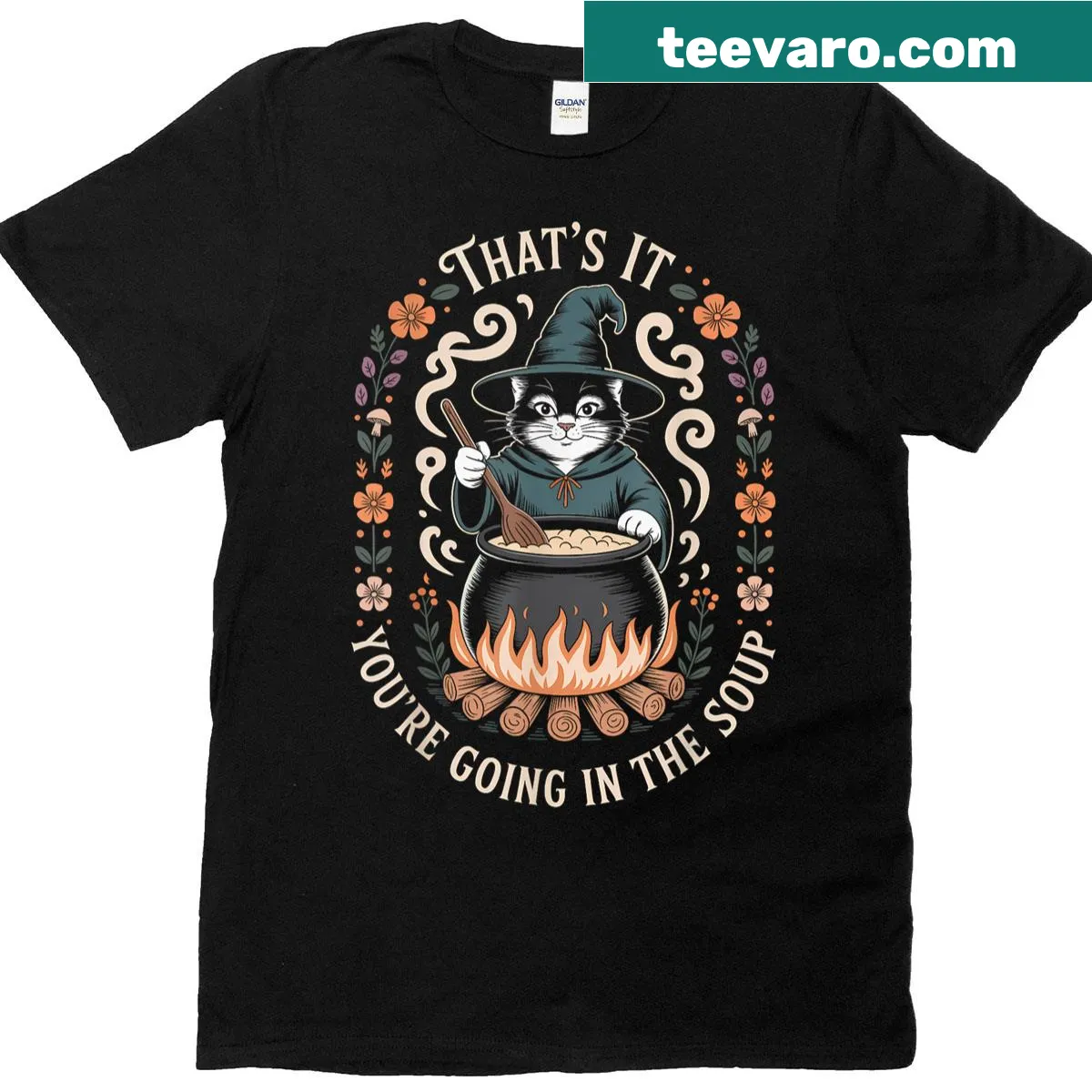 Witch cat cauldron graphic with humorous text on a t-shirt — on a men's t-shirt