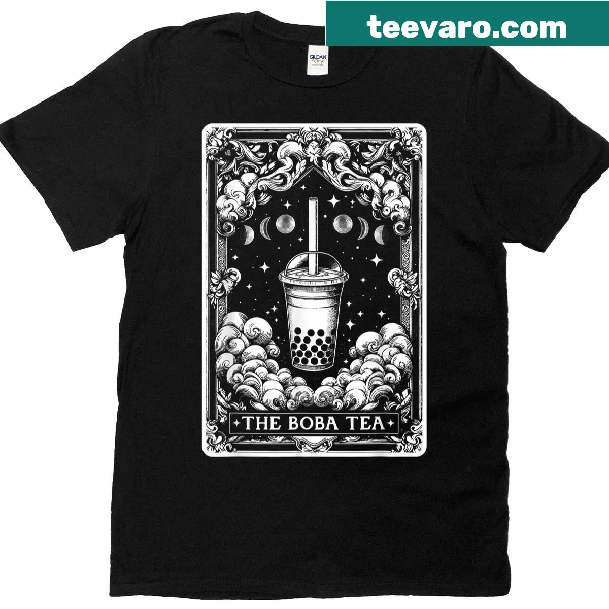 Boba tea tarot card illustration on a whimsical T-shirt — on a men's t-shirt