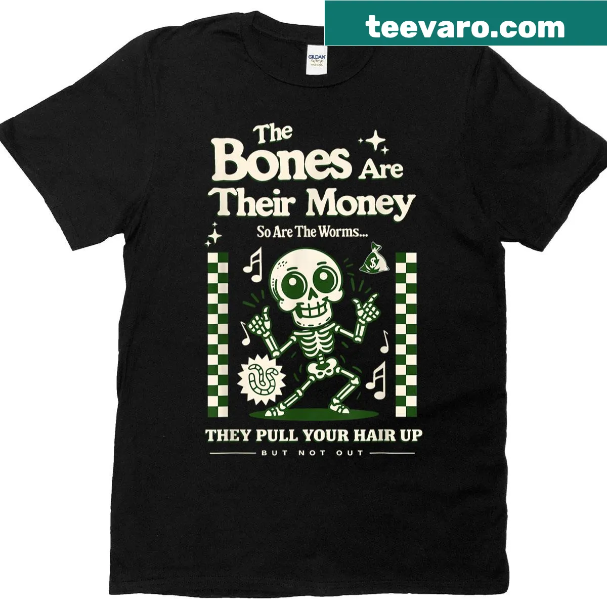 Skeleton-themed T-shirt with a humorous illustration of bones and worms — on a men's t-shirt