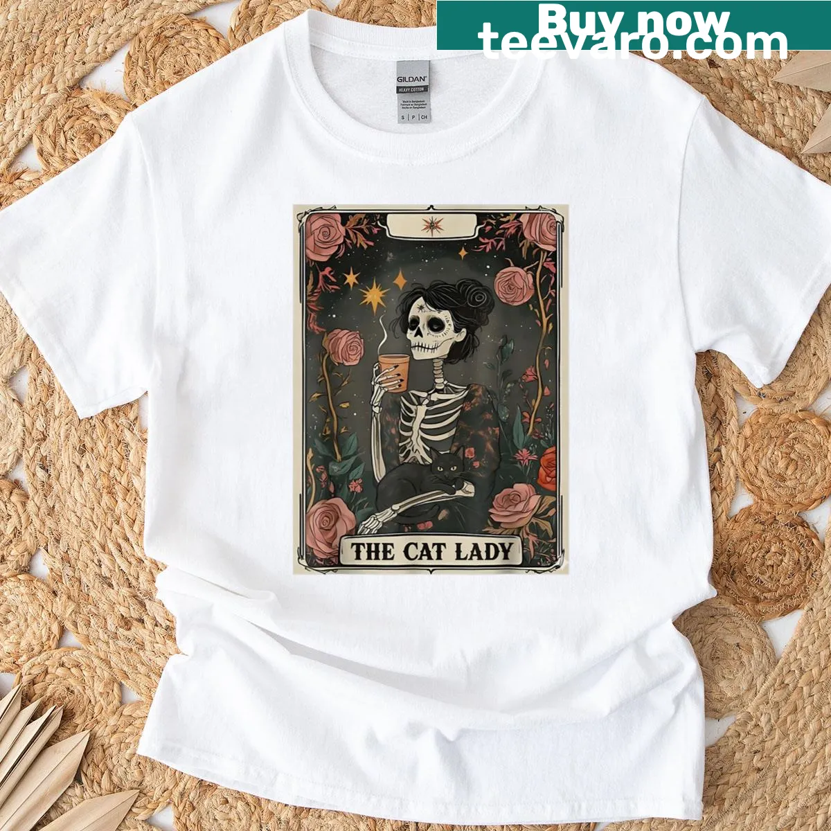 Illustration of a skeleton cat mom in tarot card style on a t-shirt — on a men's t-shirt