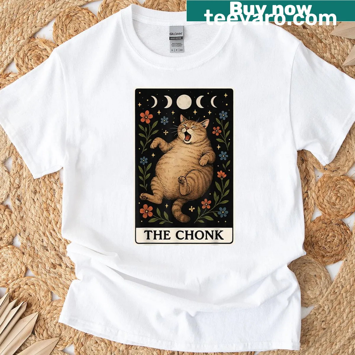Funny T-shirt featuring a chubby tabby cat meme with witchy tarot elements. — on a men's t-shirt