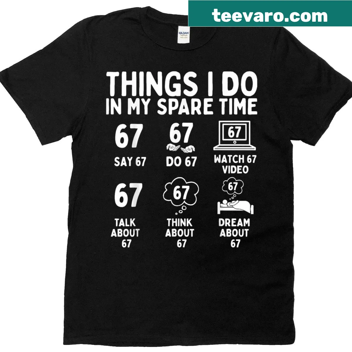 T-shirt with humorous print listing leisure activities and meme references — on a men's t-shirt