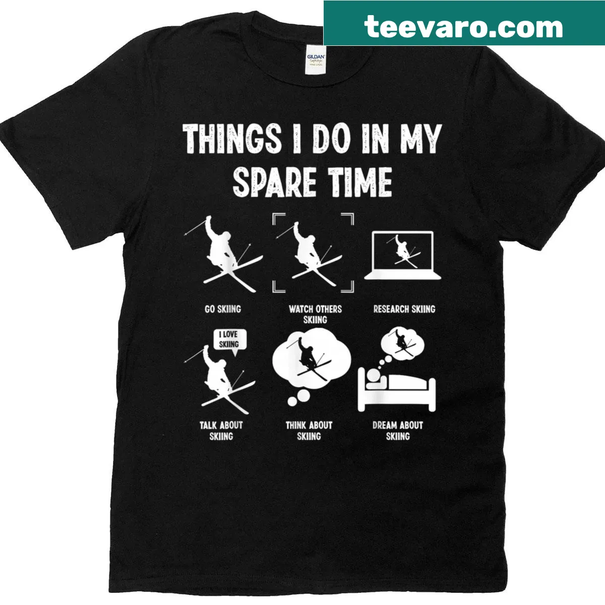 Skiing-themed t-shirt with 'Things I Do In My Spare Time' text — on a men's t-shirt
