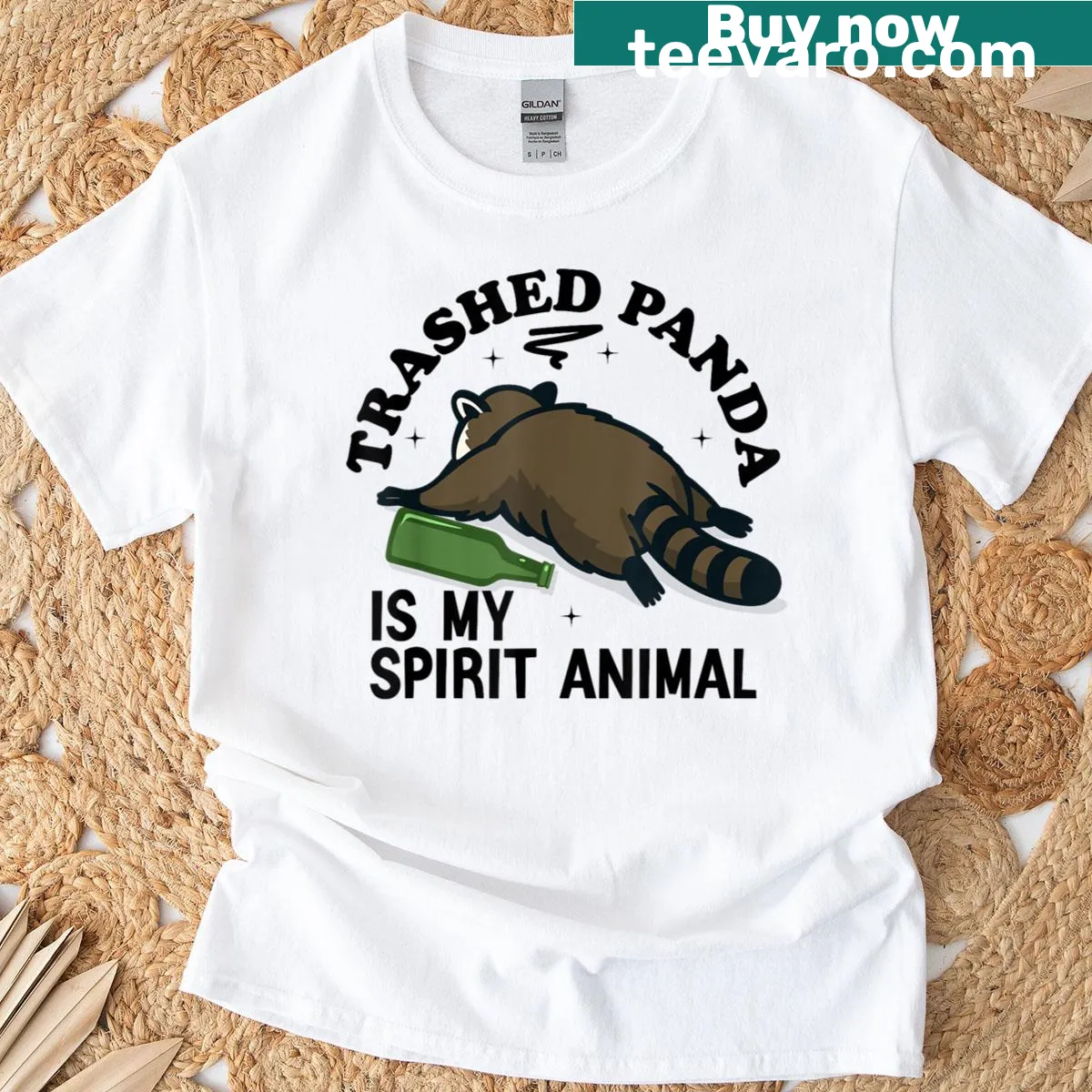 Funny raccoon graphic t-shirt with playful trashed panda theme — on a men's t-shirt