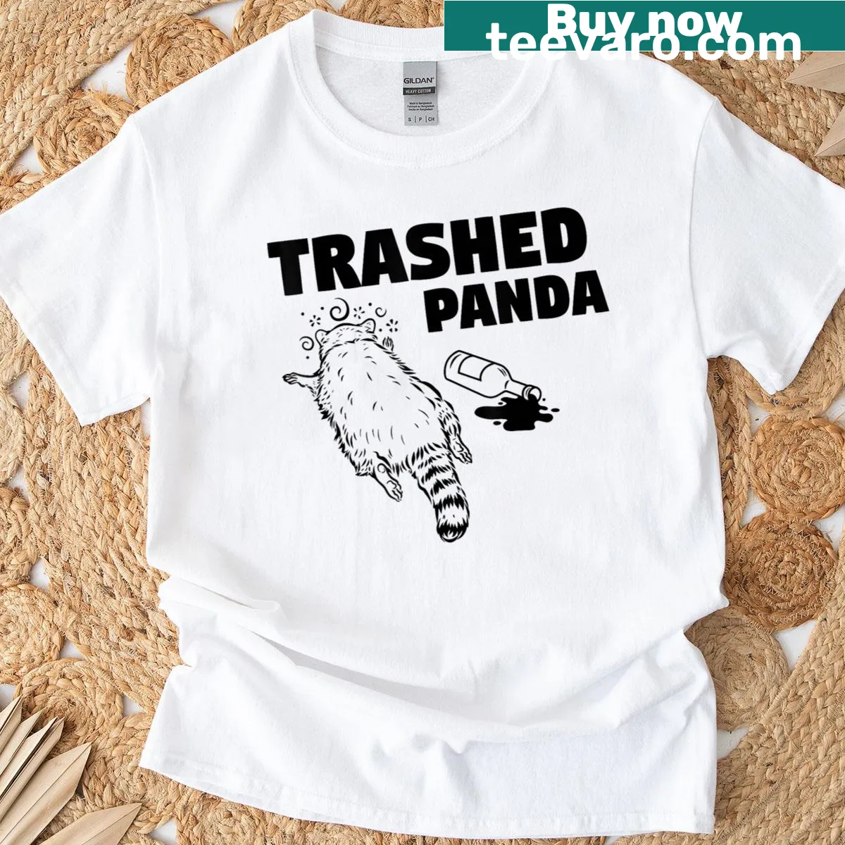 Funny T-shirt featuring a cartoon raccoon and humorous text about drunken antics — on a men's t-shirt