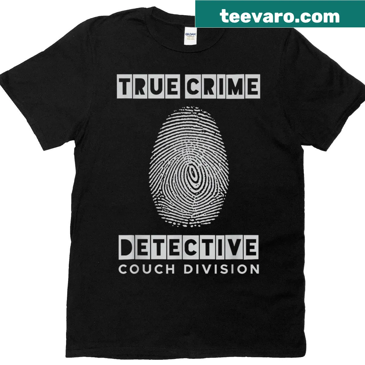 True crime couch detective graphic on a T-shirt — on a men's t-shirt