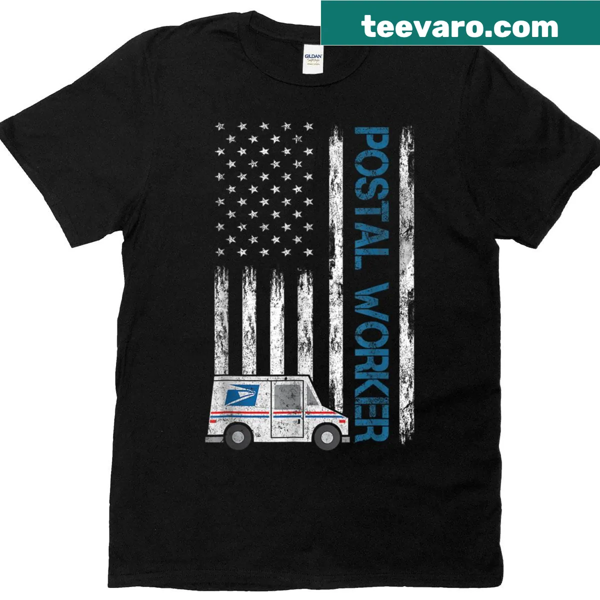 Patriotic postal worker t-shirt with USA flag design — on a men's t-shirt