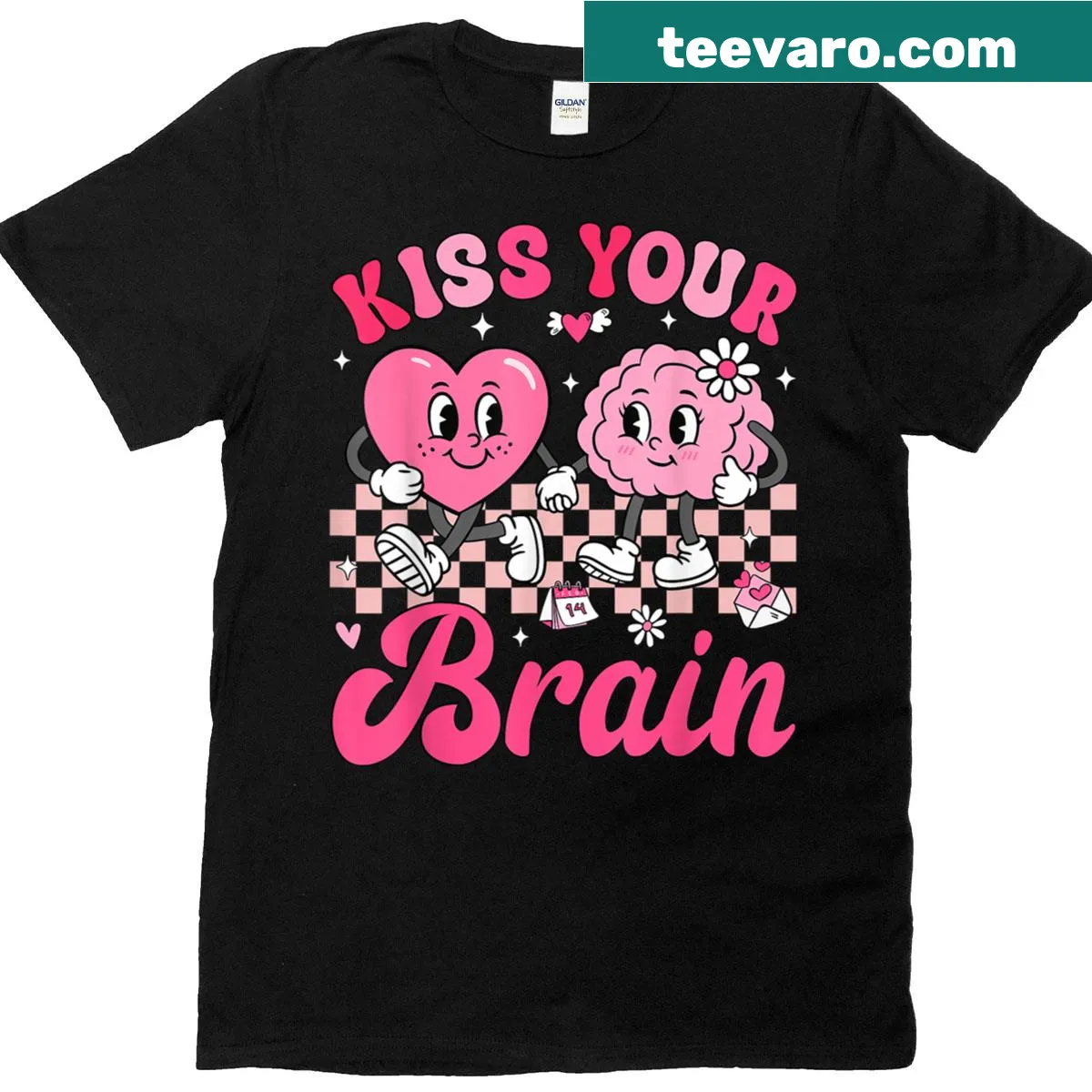 Student t-shirt with 'Kiss Your Brain' message design — on a men's t-shirt