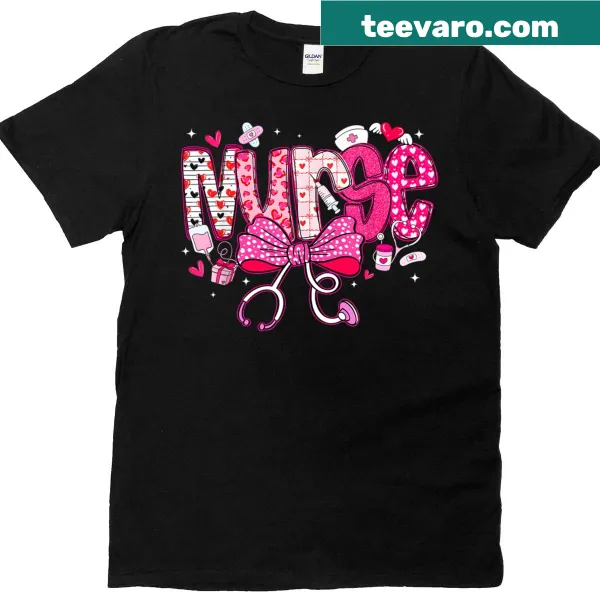 Cute nurse T-shirt with hearts, stethoscope, and bow design for women.