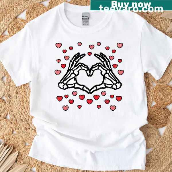 Skeleton hand forming a heart graphic on T-shirt