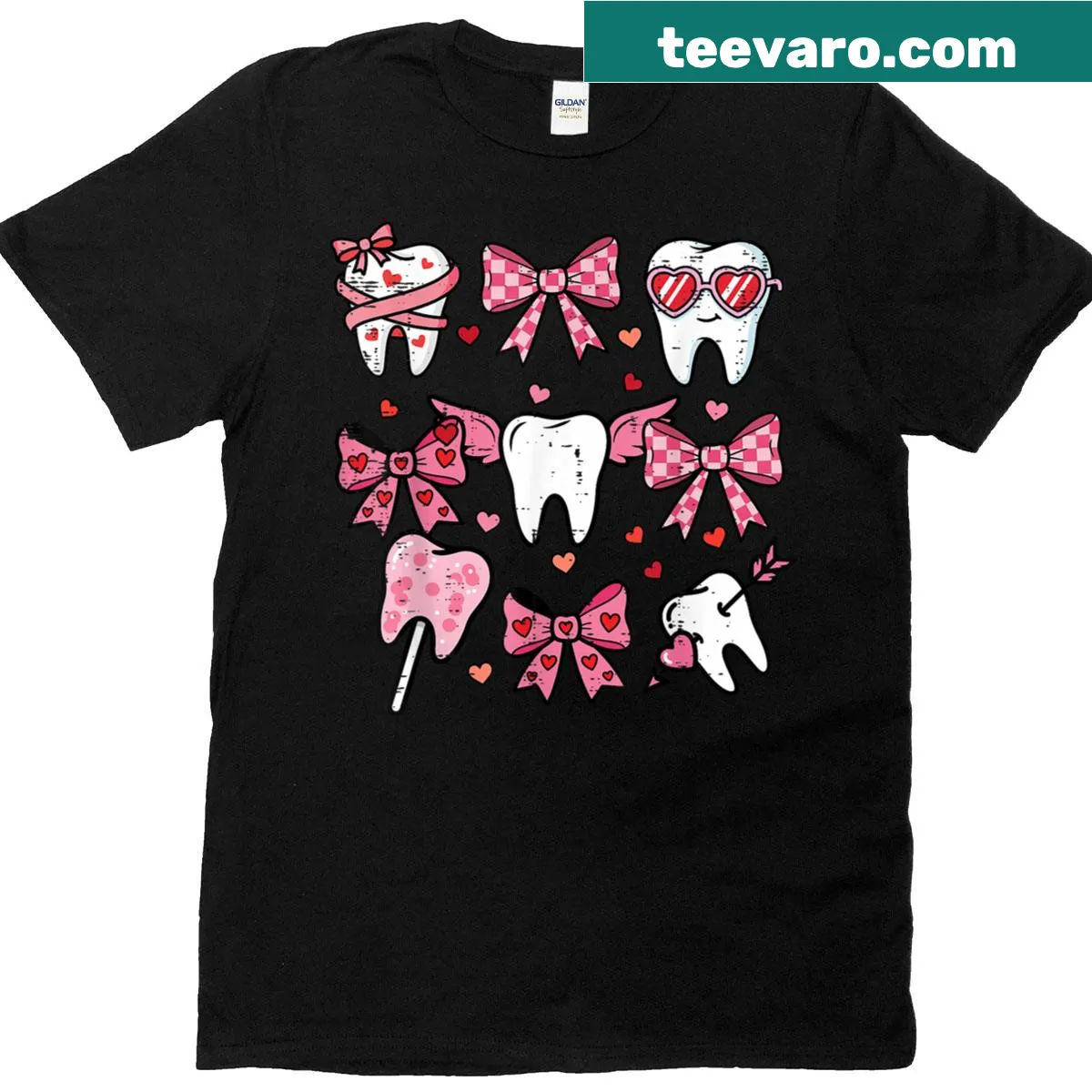 Whimsical Valentine’s Day t-shirt with bow and teeth illustration — on a men's t-shirt