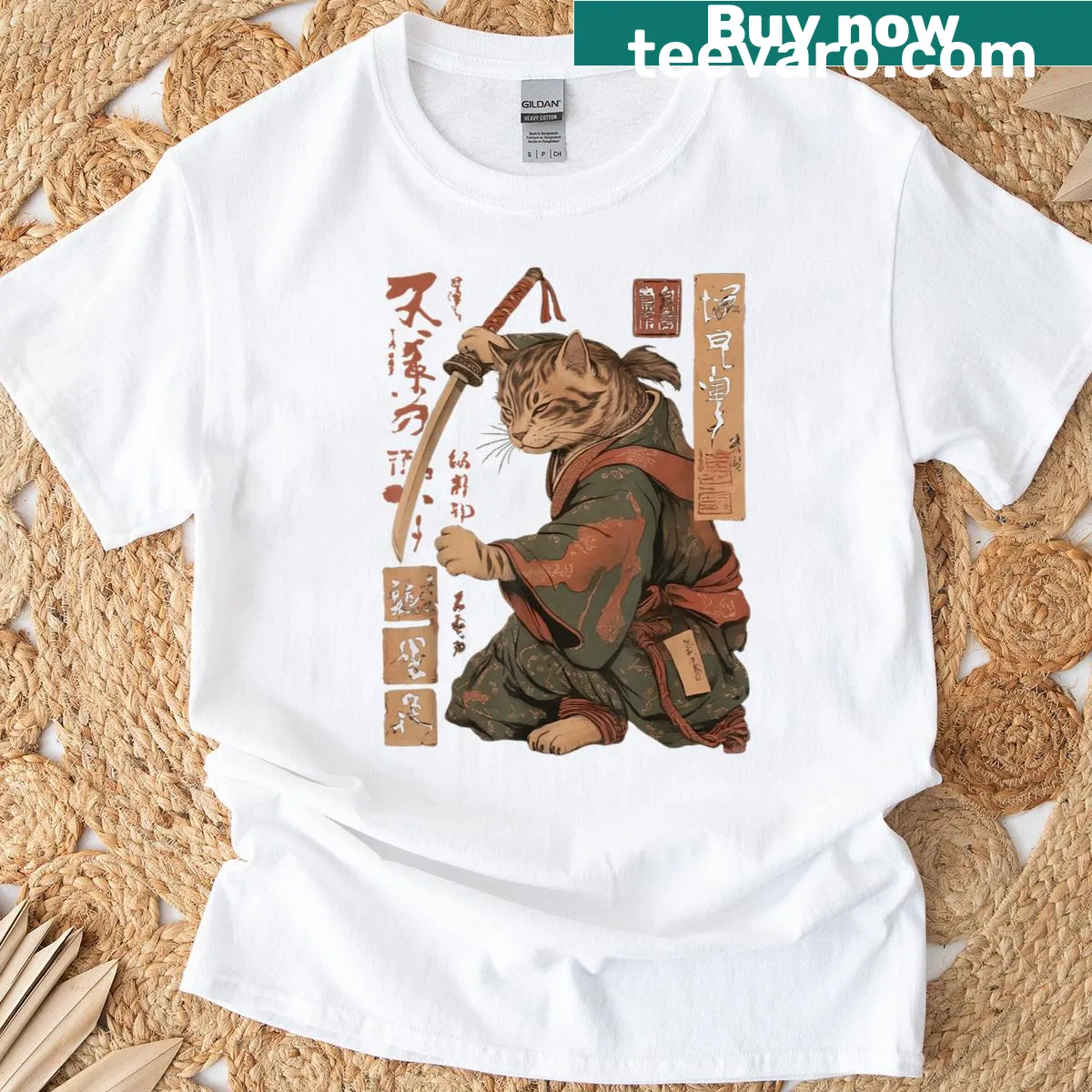 Funny samurai cat design on a vintage distressed T-shirt — on a men's t-shirt