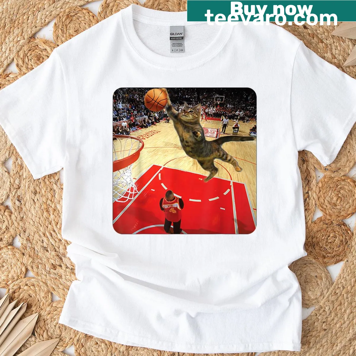 Vintage cat dunking a basketball in a humorous meme design — on a men's t-shirt