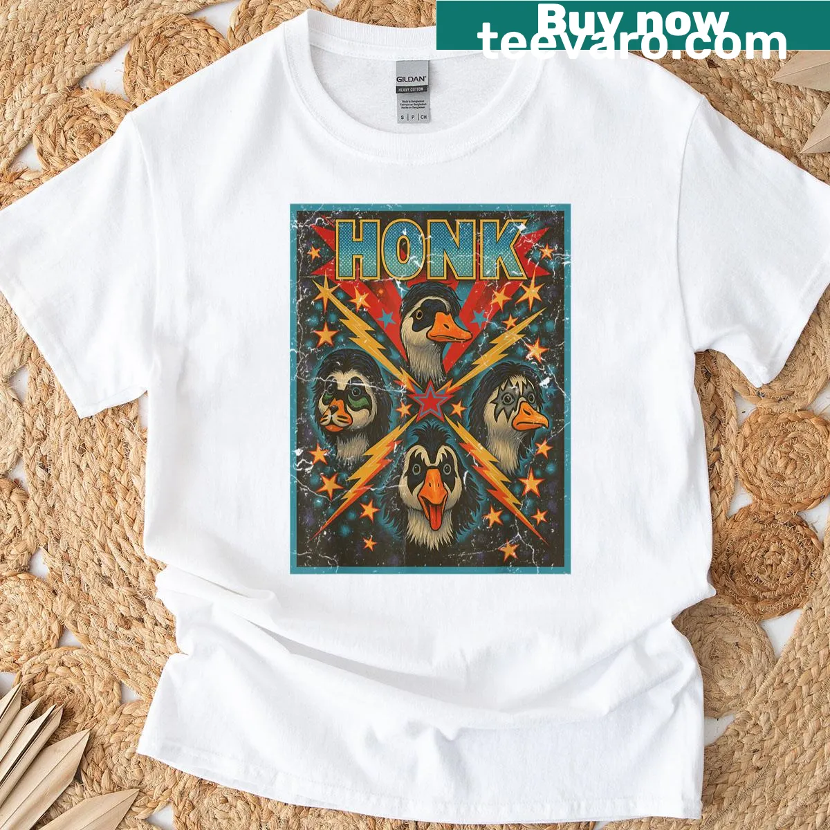 Funny vintage goose graphic with music theme on a T-shirt — on a men's t-shirt