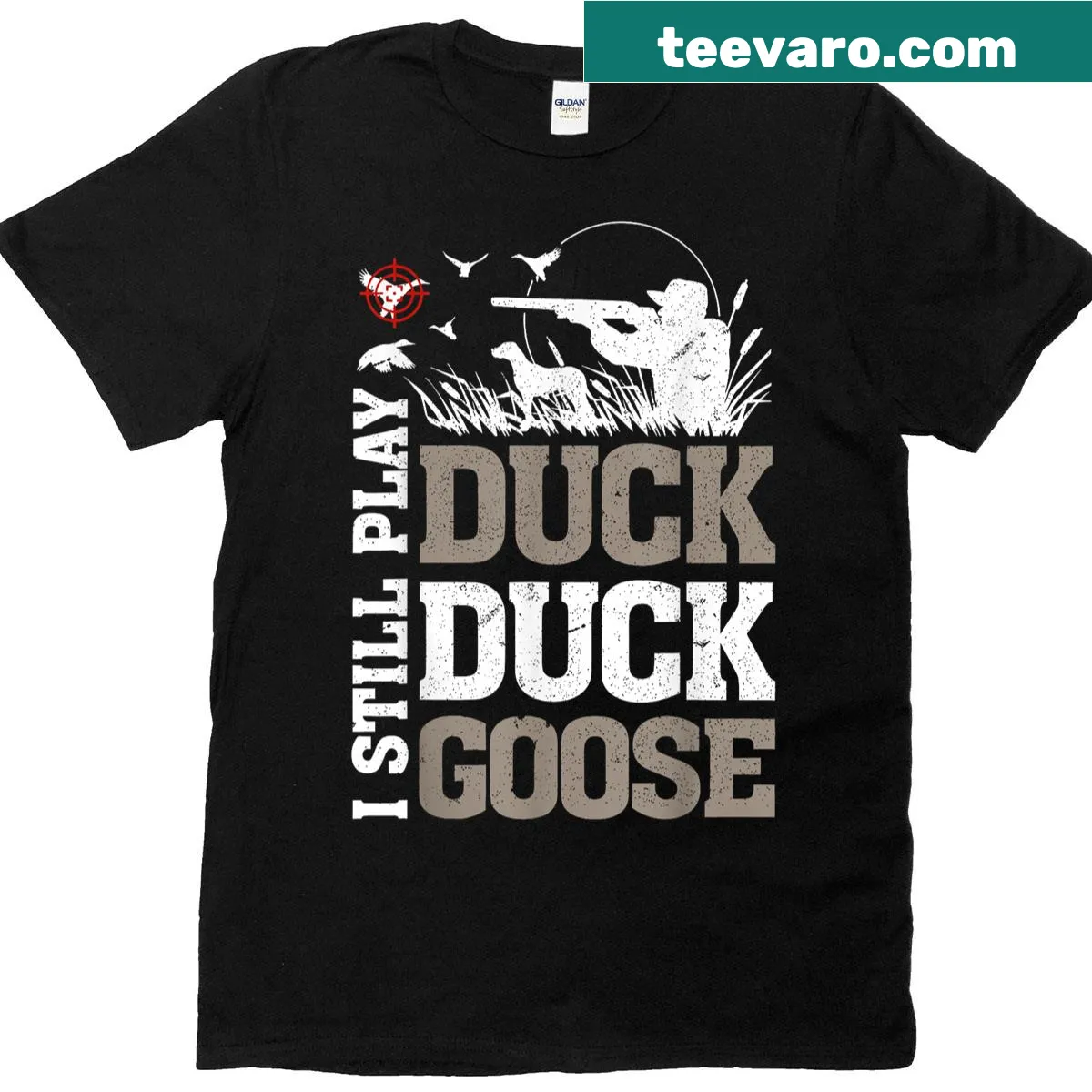 Vintage hunting t-shirt with humorous duck hunting graphic — on a men's t-shirt