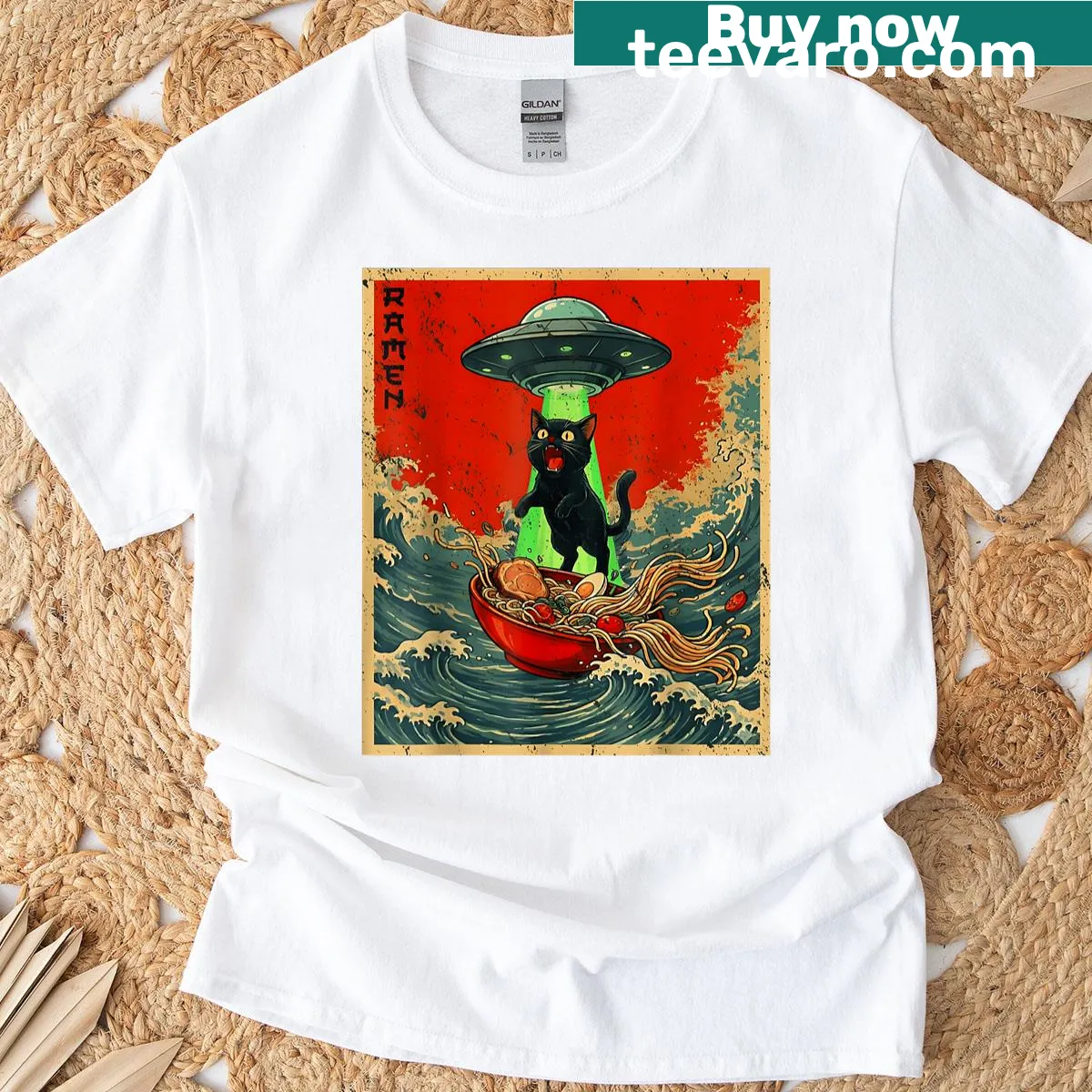 Funny T-shirt featuring a vintage cat and ramen design with UFO — on a men's t-shirt