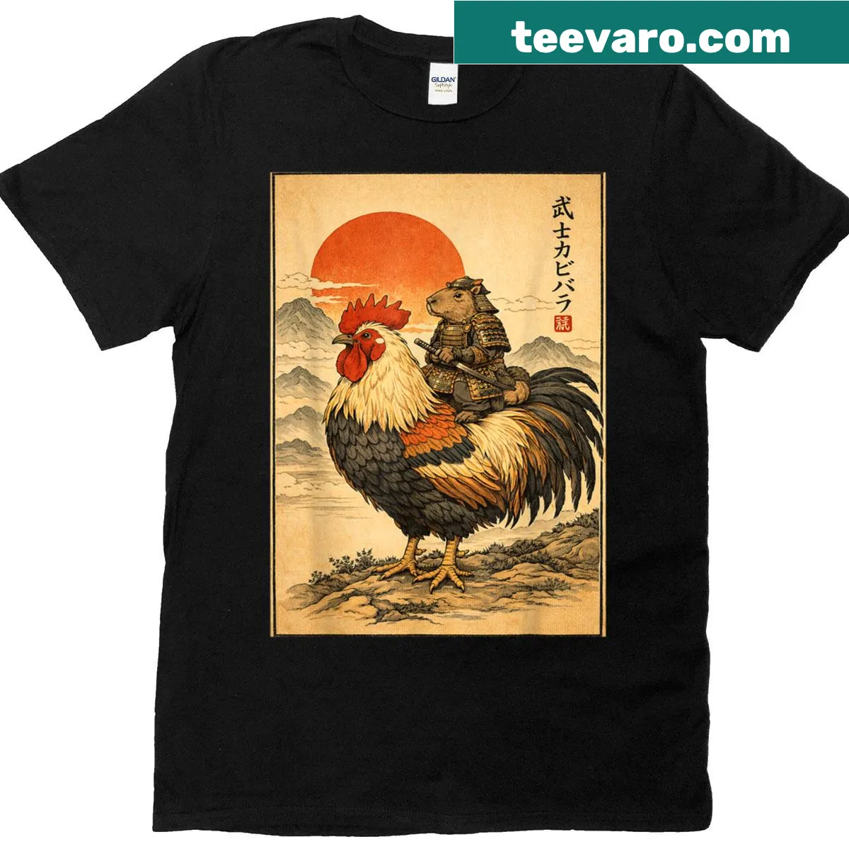 Vintage-style Kids T-shirt with samurai capybara and rooster illustration — on a men's t-shirt