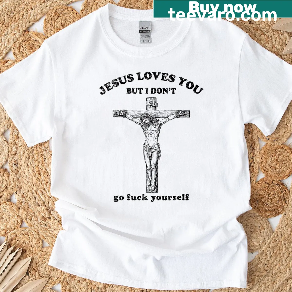 Vintage-style T-shirt with edgy religious humor design — on a men's t-shirt