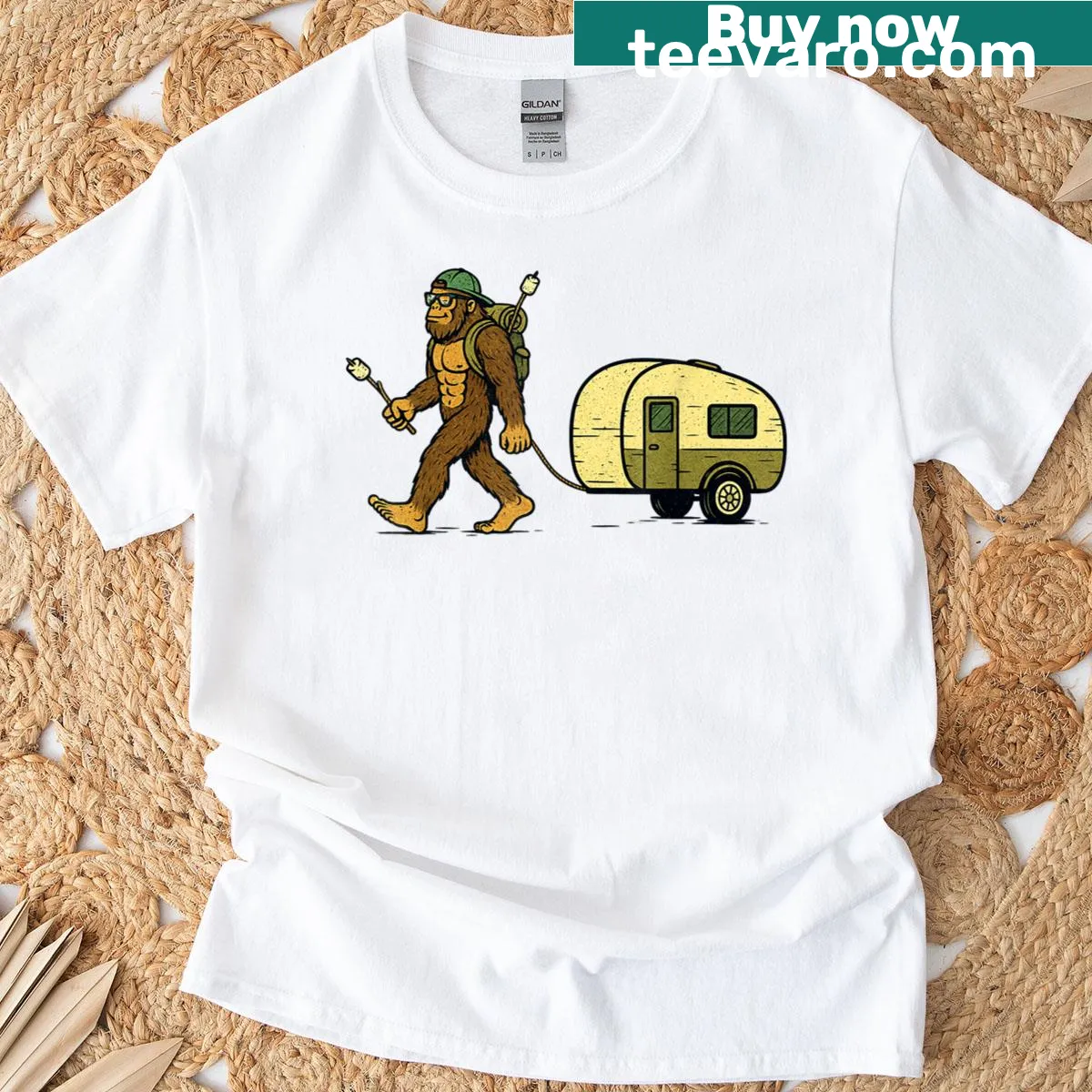 Vintage distressed T-shirt featuring a funny Sasquatch graphic for outdoor lovers — on a men's t-shirt