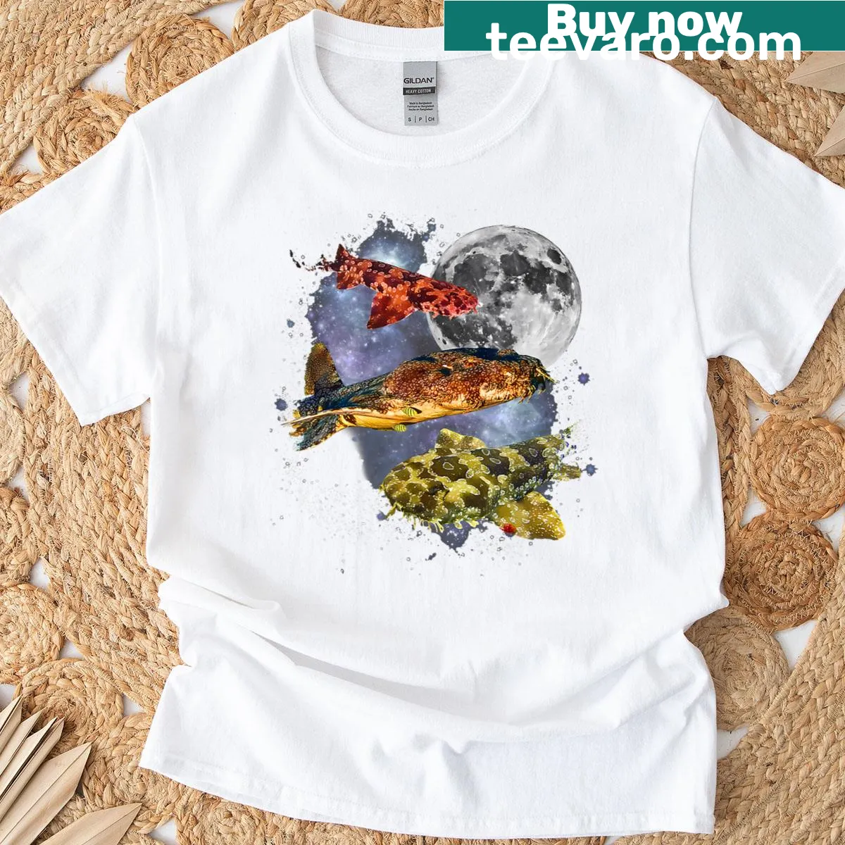 Vintage T-shirt featuring a wobbegong shark howling at the moon — on a men's t-shirt