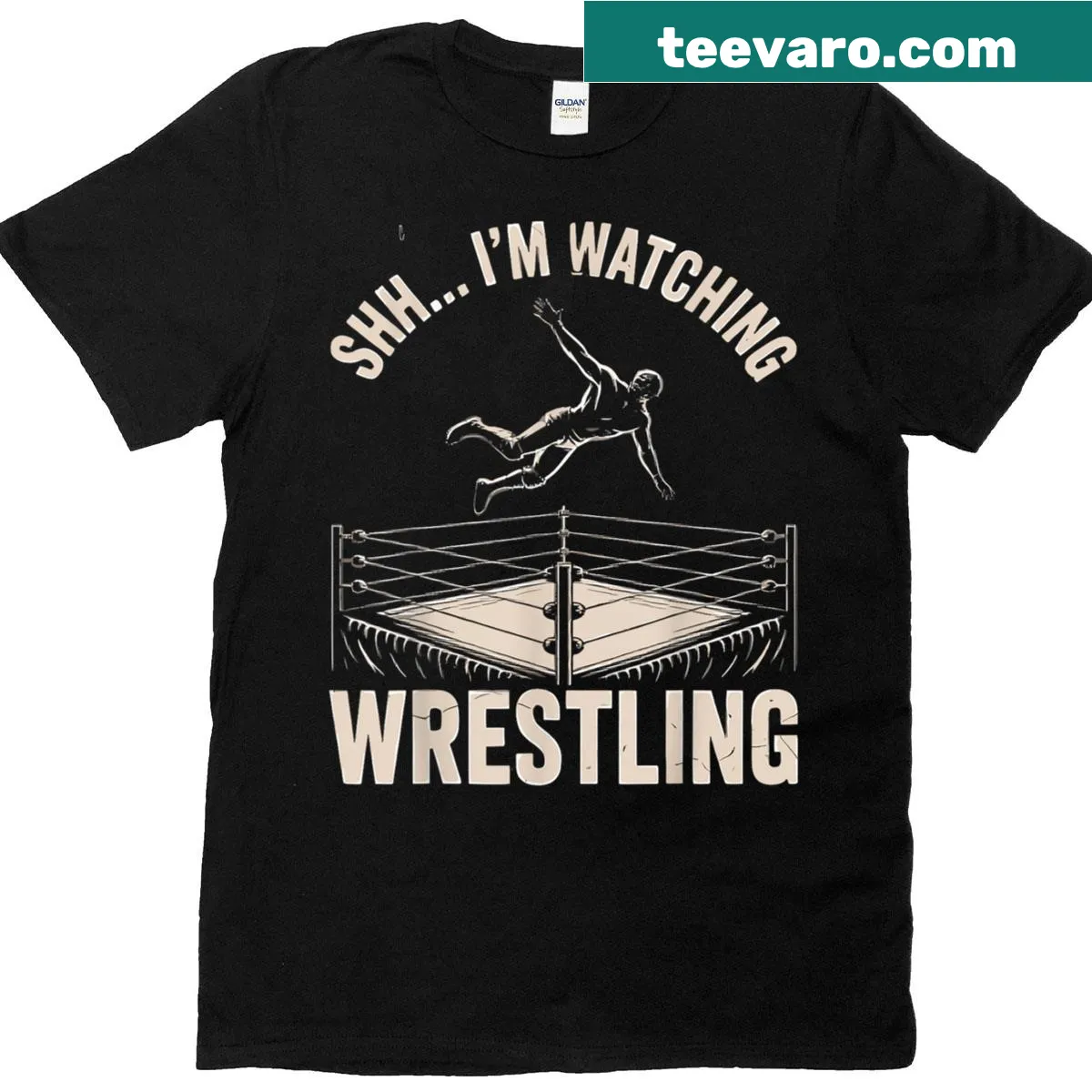 Cartoon wrestler in action graphic on humorous wrestling t-shirt — on a men's t-shirt