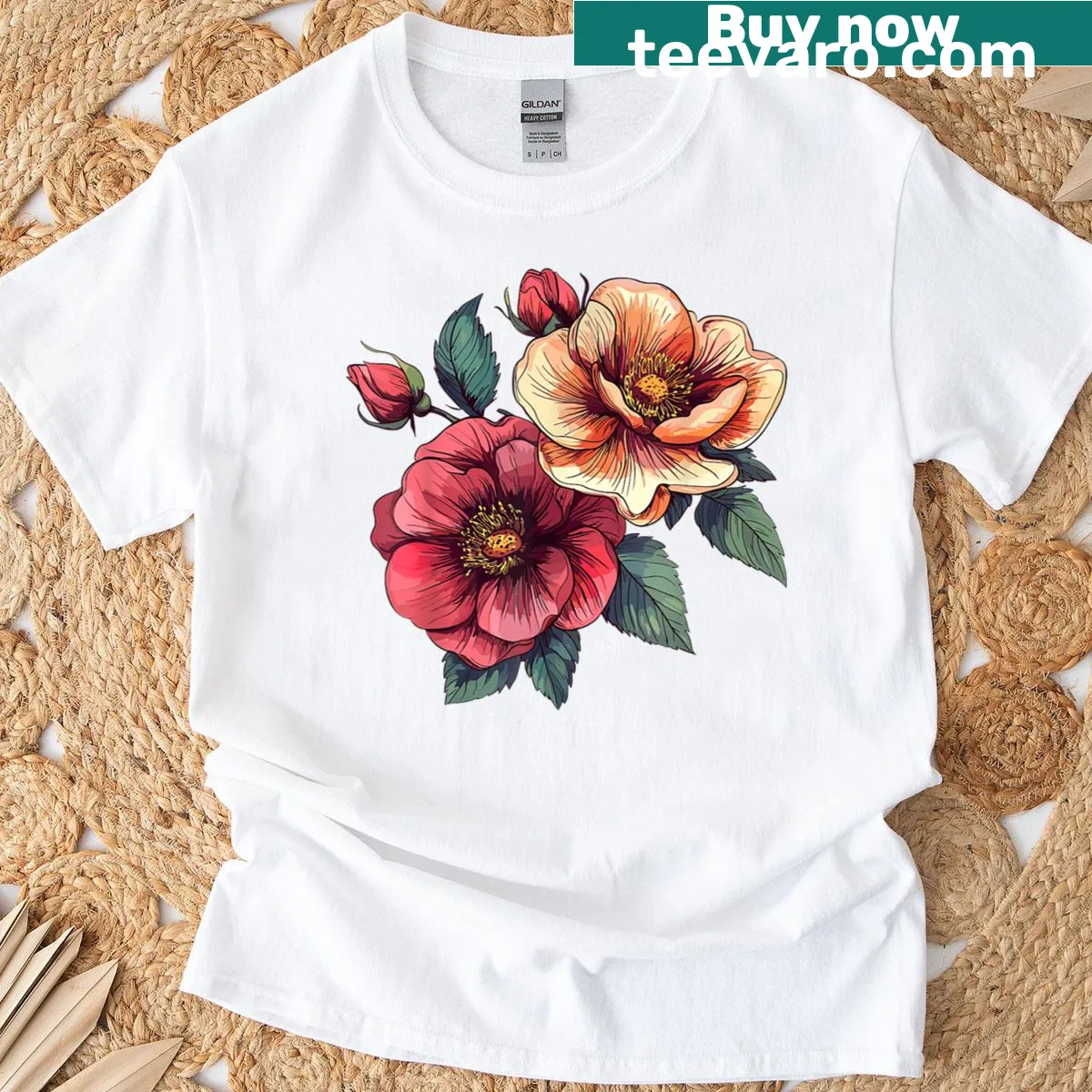 T-shirt featuring a wildflower rose bouquet graphic — on a men's t-shirt