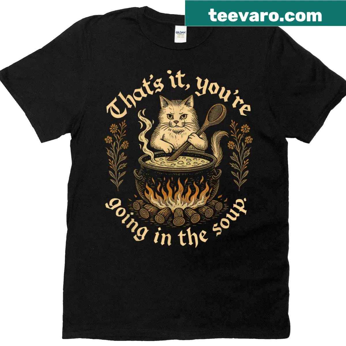 Medieval-themed cat lover shirt with humorous witch graphic — on a men's t-shirt