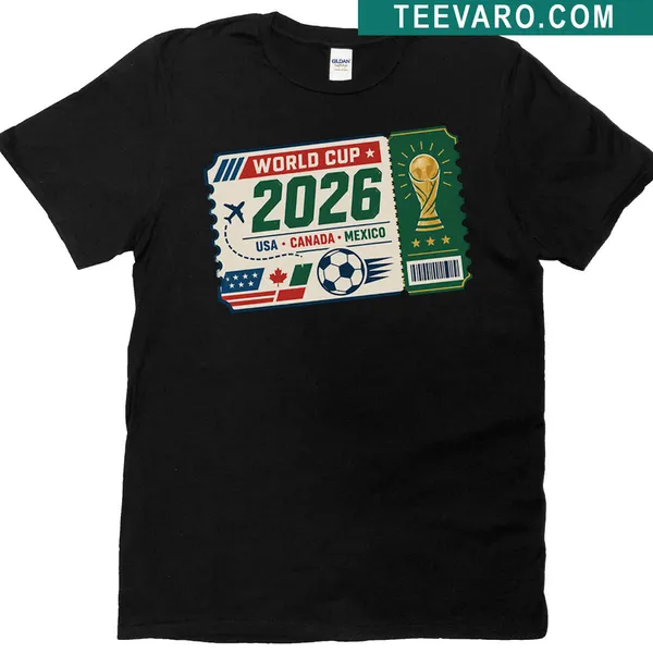 T-shirt designed to resemble a World Cup ticket with bold typography.