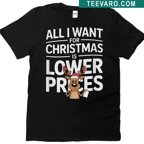 Holiday-themed T-shirt featuring a reindeer and text about lower prices.