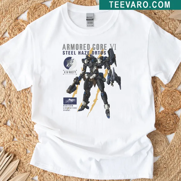 Illustration of the Steel Haze Ortus mech from Armored Core VI on a t-shirt