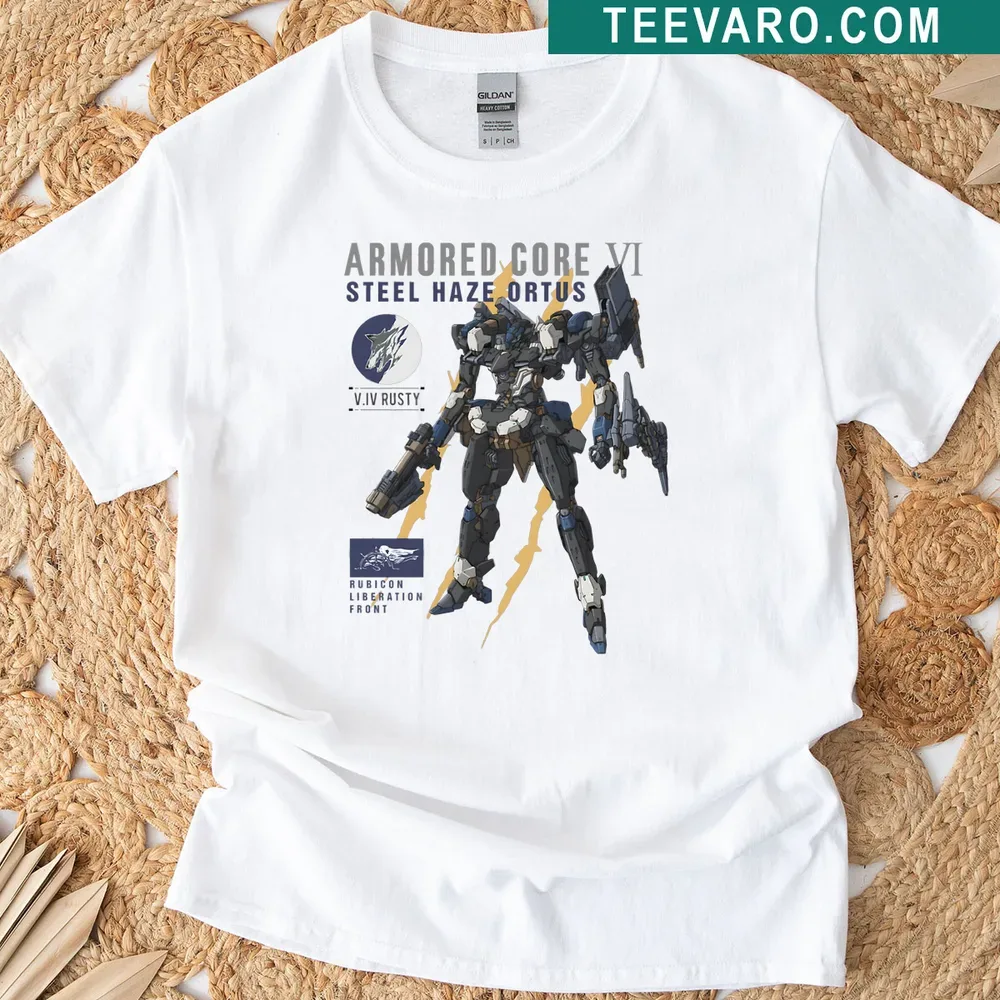 Illustration of the Steel Haze Ortus mech from Armored Core VI on a t-shirt — on a men's t-shirt