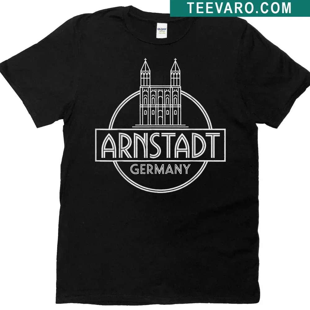 Art Deco badge featuring Arnstadt Old Church on a souvenir t-shirt — on a men's t-shirt