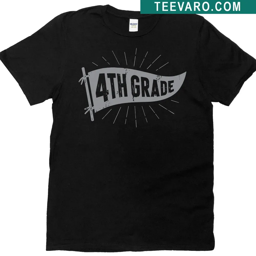 Illustration of a pennant flag with '4th Grade' text on a teacher's t-shirt — on a men's t-shirt