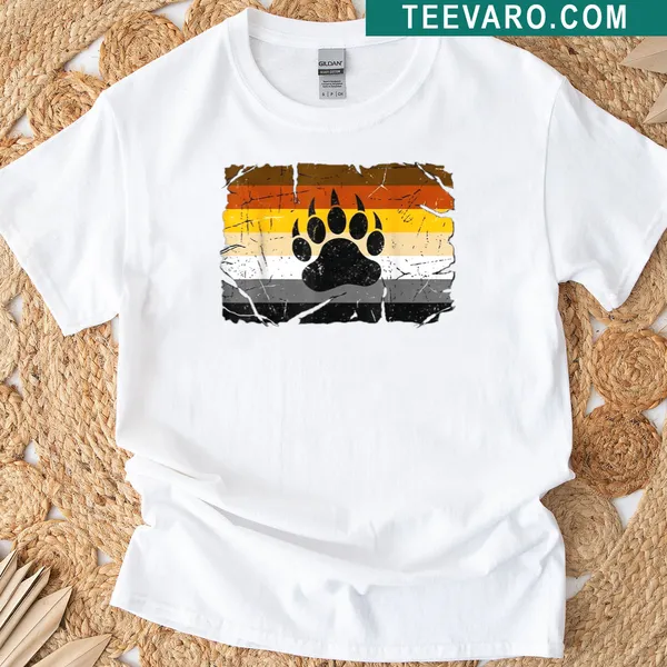 Distressed Bear Pride Flag t-shirt featuring a black paw print design