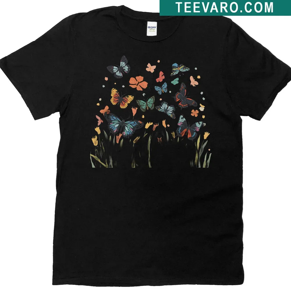 Whimsical T-shirt featuring an illustration of butterflies in a spring garden — on a men's t-shirt