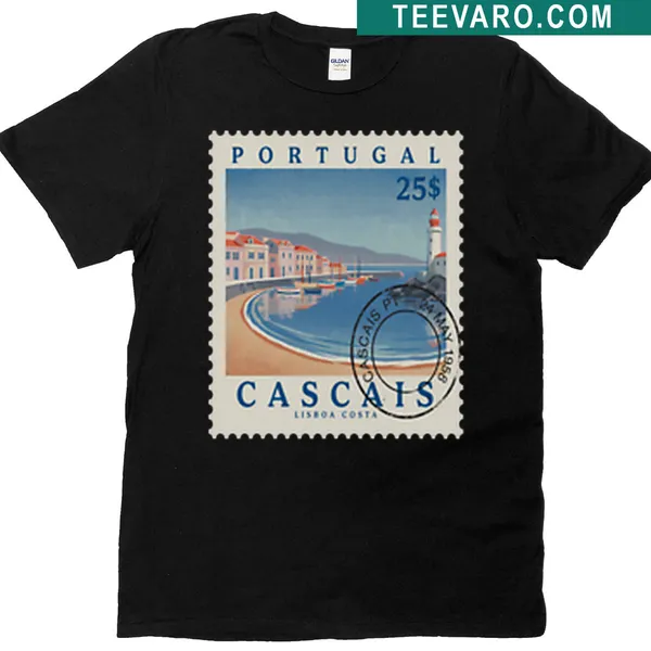 Vintage postage stamp-style T-shirt featuring the Cascais coastline illustration