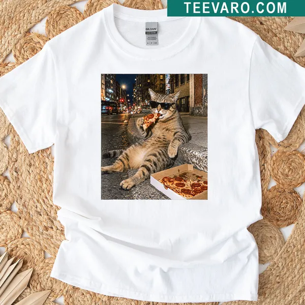 Funny kitten t-shirt featuring a cat joyfully eating pizza