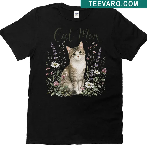 Floral Cat Mom T-shirt featuring illustrated flowers and a cat design