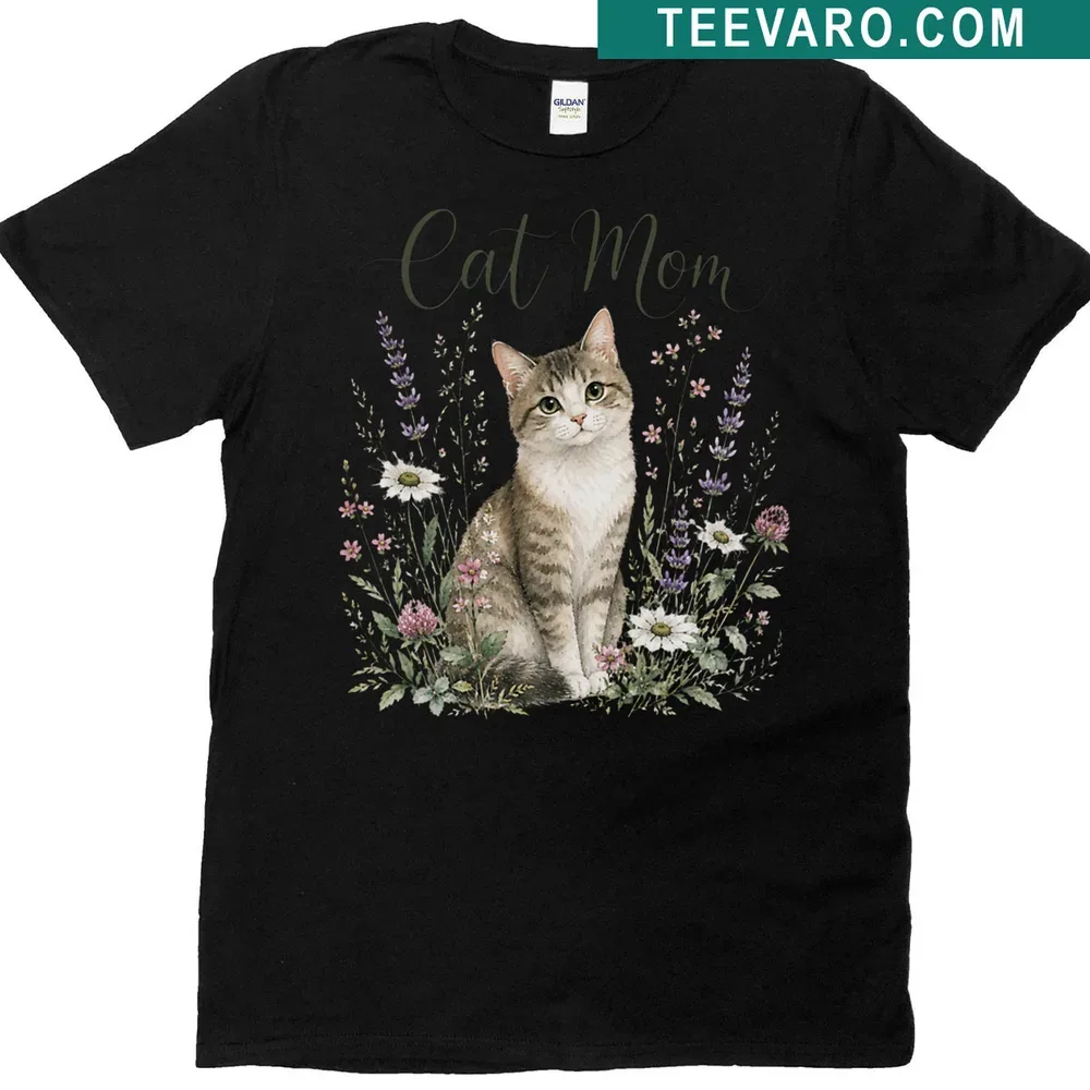 Floral Cat Mom T-shirt featuring illustrated flowers and a cat design — on a men's t-shirt