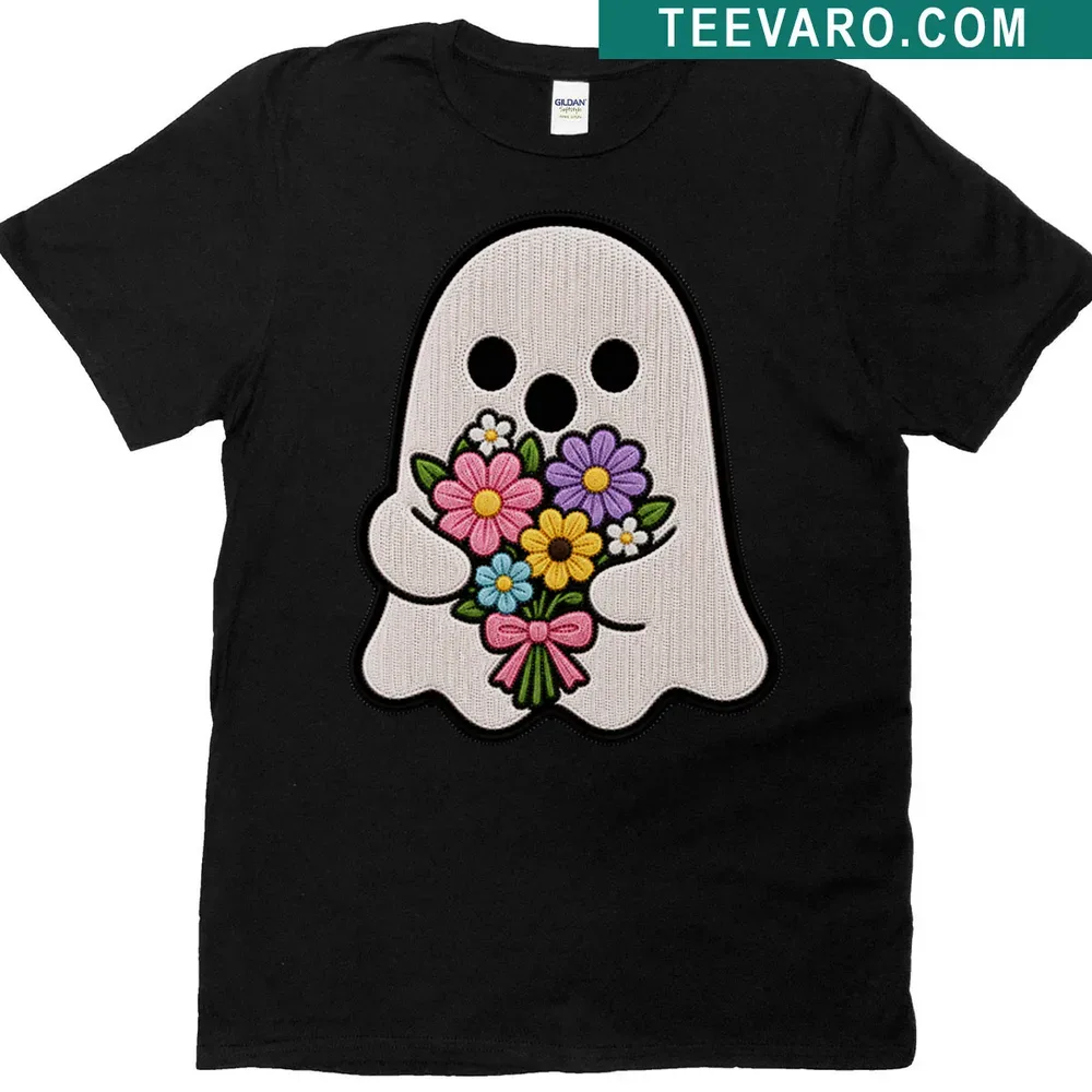 Kawaii ghost embroidery patch design on a cute flower T-shirt — on a men's t-shirt